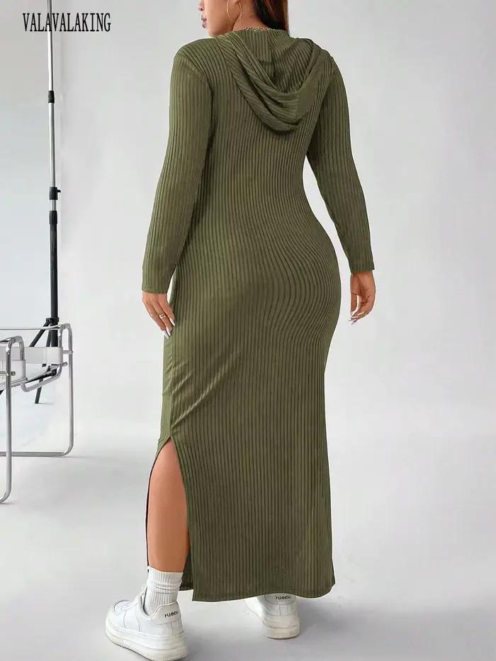 Robe pull à manches longues et col en V pour femme, grande taille, avec capuche, élégante, fendue, moulante, maxi, hiver, 2025