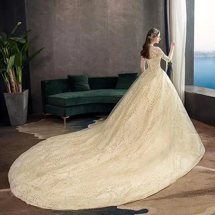 Robe De mariée Champagne avec traîne longue personnalisée, manches longues, nouvelle mode vintage, col haut, robe De bal, grande taille