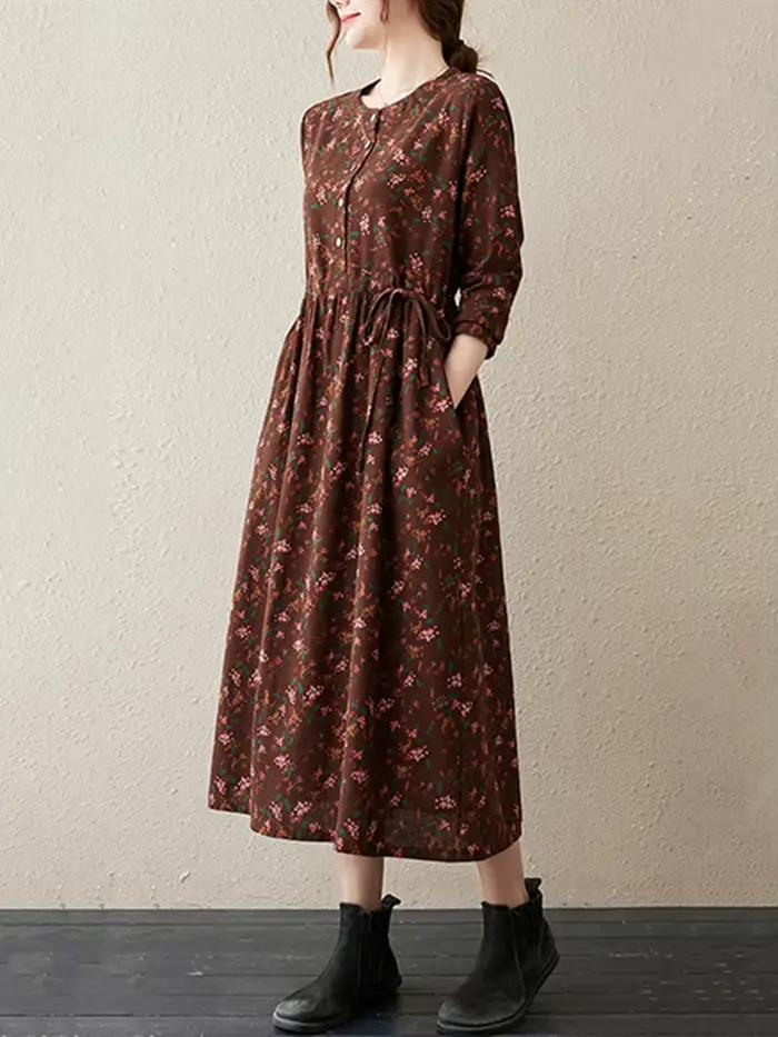 Robes à manches longues en coton et lin à imprimé floral vintage pour femmes