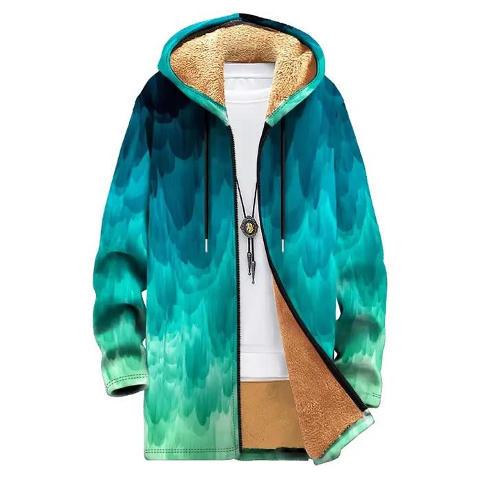Parka longue d'hiver imprimée, manteaux Cardigan doublés en polaire, couleurs tendance, dégradé, veste à capuche, vêtements d'extérieur chauds, surdimensionnés pour hommes et femmes