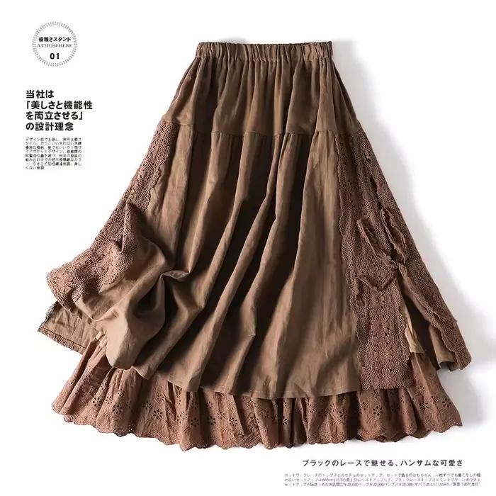 Vintage Chic broderie lin coton jupes longues femmes été élastique taille haute plissée Maxi jupe femme élégante a-ligne