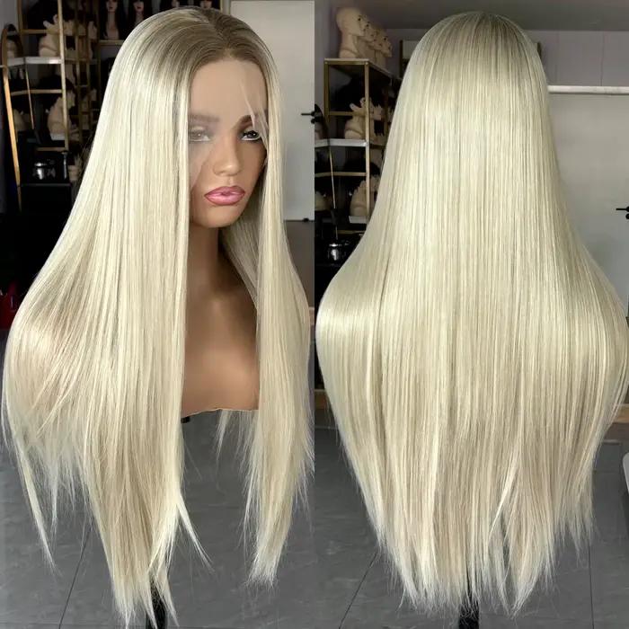 Perruque synthétique lisse longue blonde ombrée pour femmes, perruque en Fiber résistante à la chaleur avec raie centrale, couleur blond cendré, pour fête quotidienne