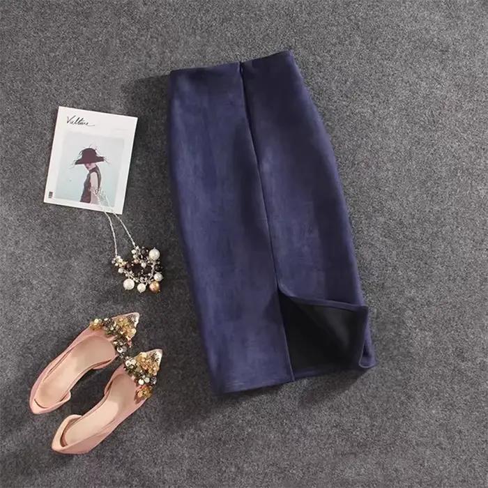 Automne hiver taille haute moulante Vintage daim fendu épais extensible jupes femmes