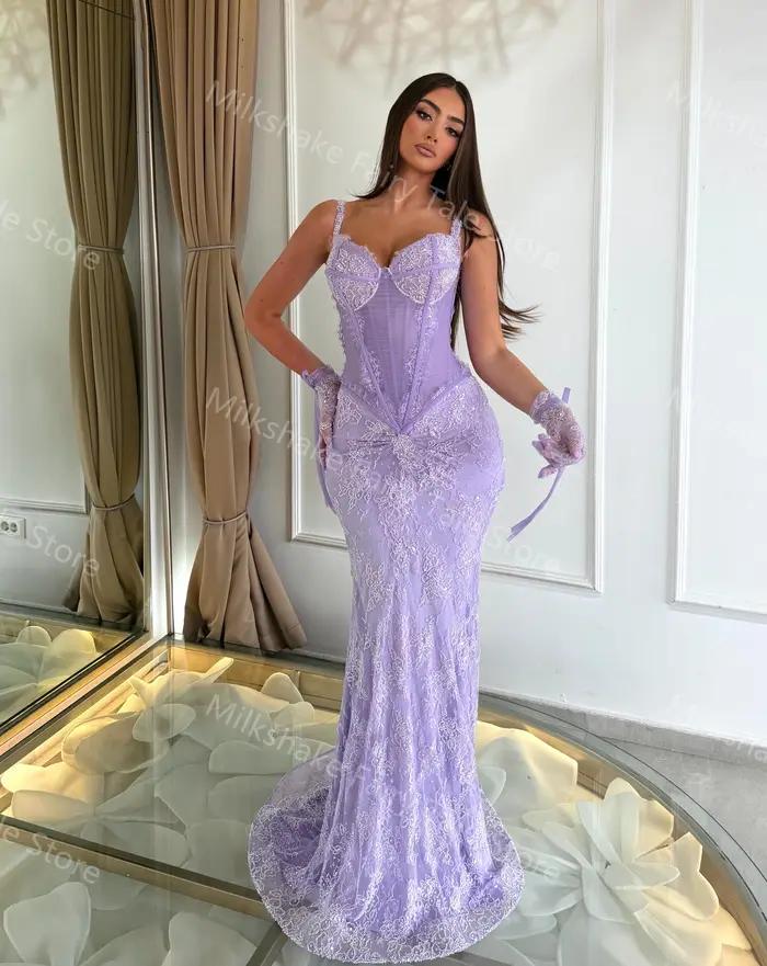 Robes de soirée lavande glamour en dentelle complète sans manches pour femmes, robes de bal longues style sirène, robes personnalisées pour occasions spéciales