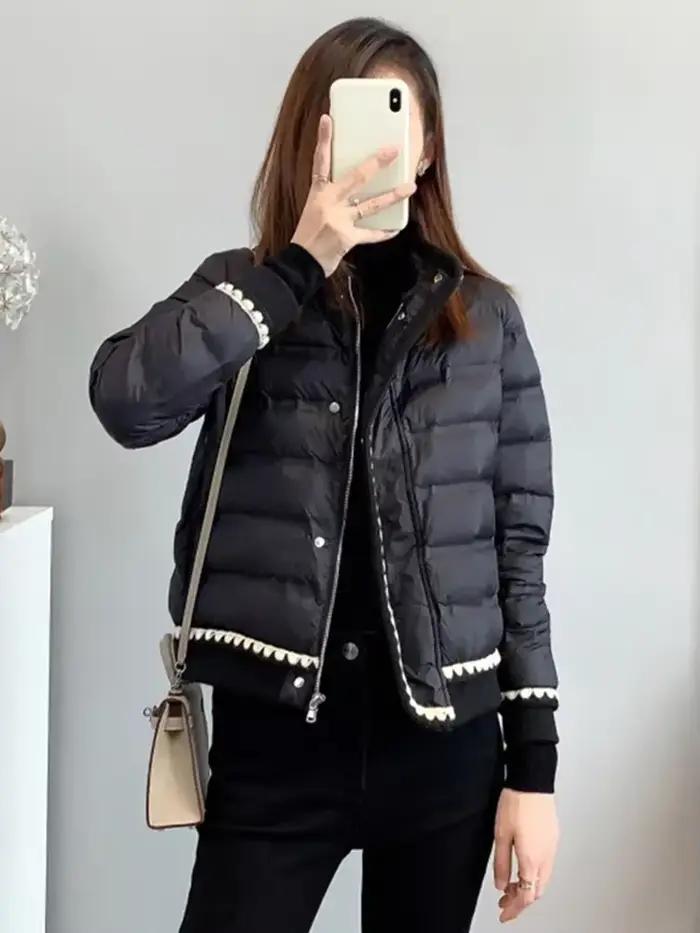 Manteau en duvet de canard blanc pour femme, veste en dentelle avec fermeture éclair, parka de neige chaude, vêtements d'extérieur européens, hiver, 90