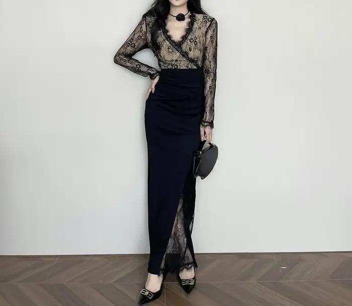 Robe noire en dentelle Patchwork à manches longues pour femmes