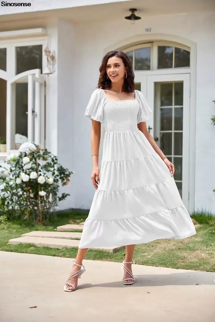 Robe Maxi Smockée à Plusieurs Niveaux pour Femme, Manches Courtes Bouffantes, Col Carré, Style Boho, Plage, Fluide, Ligne A, Longue, Invité de Mariage, Robe de Soirée, Été