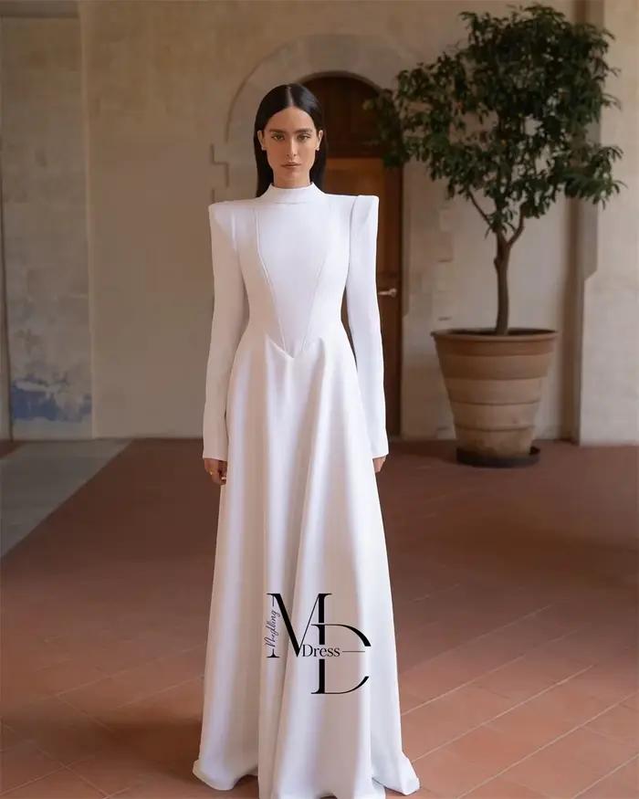 Robes de mariée musulmanes élégantes à col montant MD pour femme 2026, manches longues, coupe trapèze classique, longueur ras du sol, personnalisables 