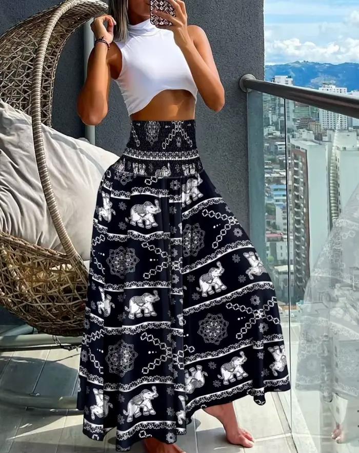 Jupe longue à taille haute pour femme, imprimé floral, silhouette en A, pour les vacances d'été à la plage