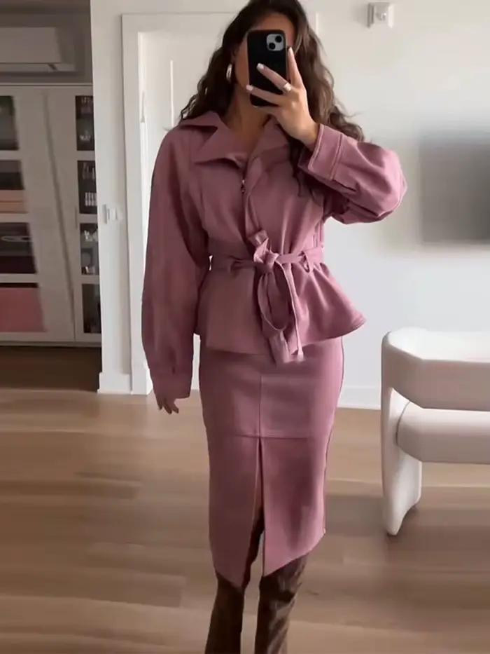 Ensemble tailleur jupe 2 pièces élégant pour femme en suède