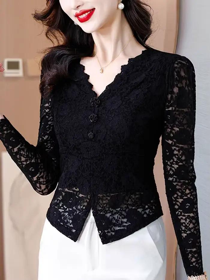 T-shirt à manches longues en dentelle noire commandée pour femmes