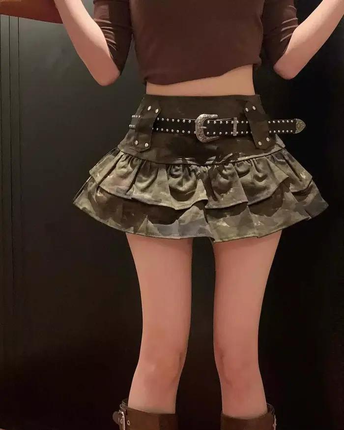 Jupes plissées sexy pour femmes Camouflage Y2k Spice Girl Cake Culottes Jupe courte avec ceinture