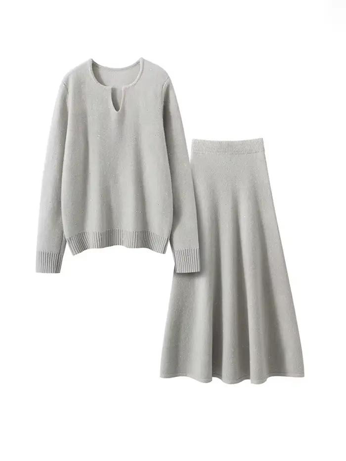 Chic femmes pull Suite jupe 100% cachemire a-ligne
