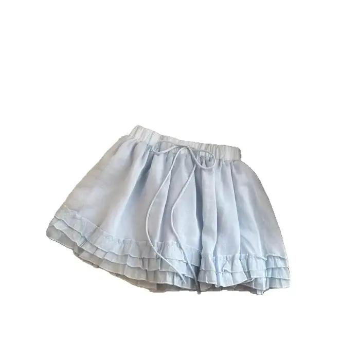 Jupe courte trapèze style doux avec ceinture et dentelle pour femme