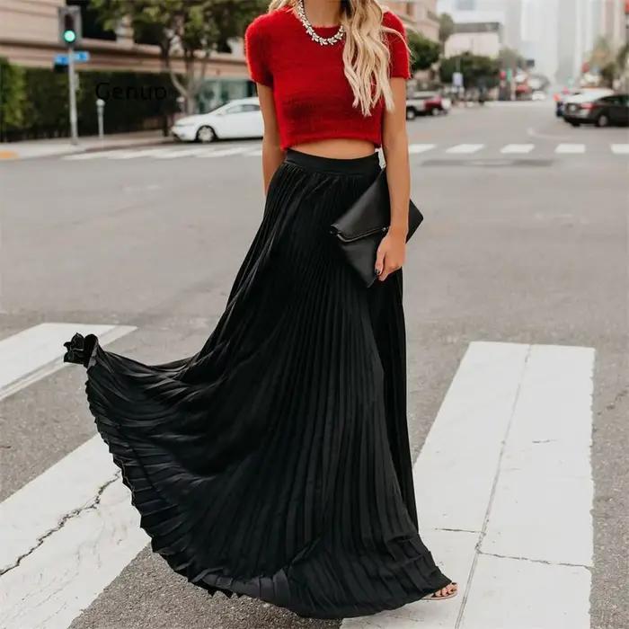 Sexy vin rouge Maxi Jupe plissée femmes mode automne hiver longues jupes plissées Style coréen