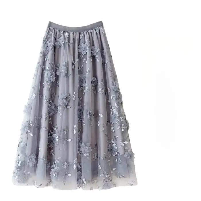 Jupe mi-longue en tulle taille haute brodée de fleurs 3D pour femmes style coréen élégante printemps été nouveau