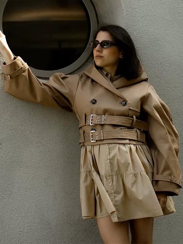 Veste courte à capuche avec Double ceinture pour femme