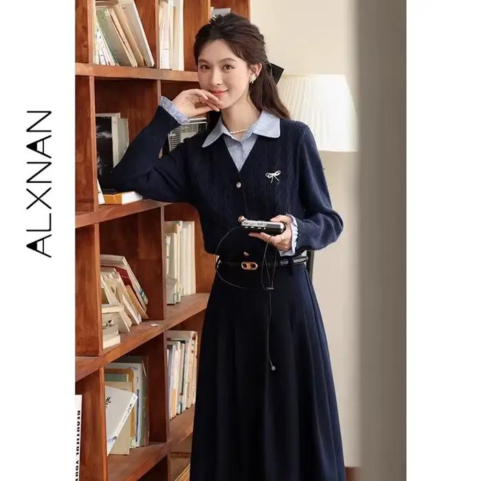 Jupe plissée élégante ALXNAN pour femme, collection Printemps 2026, coupe trapèze mi-longue, décontractée, bleu marine, vêtements de mode pour femme LXN315101BSQ