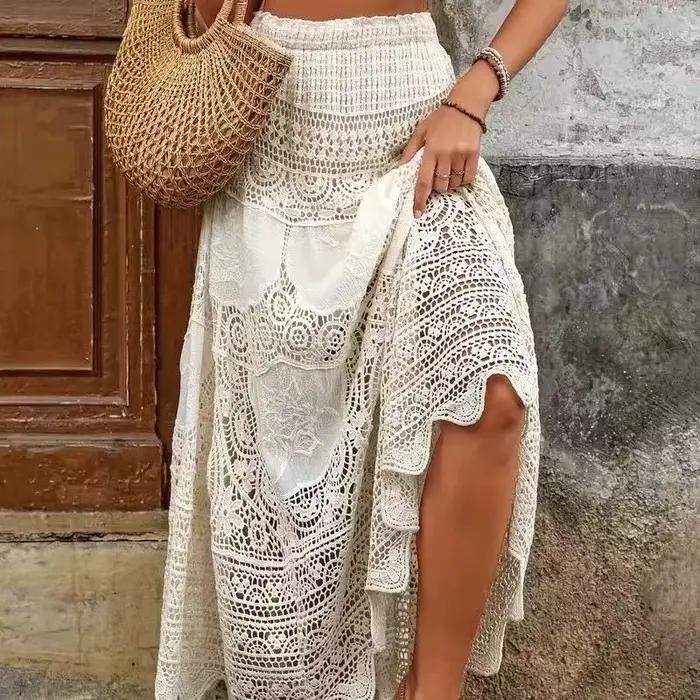 Jupe longue en dentelle crochetée, taille élastique, ajourée et brodée, style bohème, pour la plage, les festivals, tenue d'été bohème pour femme, idéale pour les vacances.