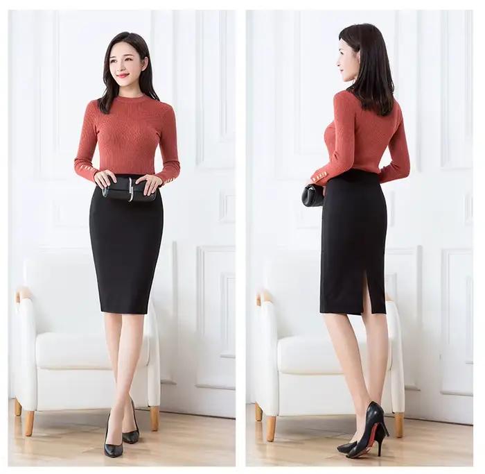 Jupe crayon noire légère et extensible pour femme ; Jupes adaptées au bureau ; Tailles asiatiques S–3XL.