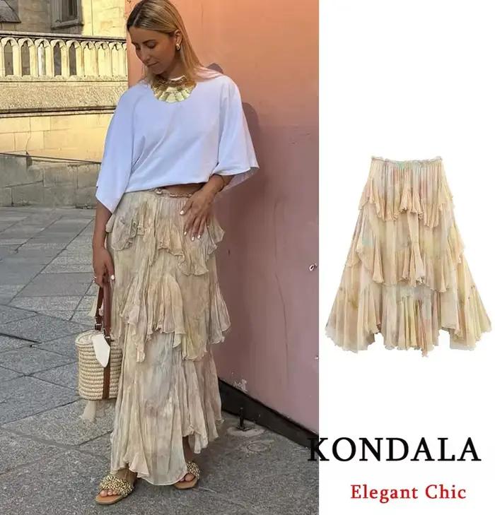 KONDALA femmes élégant Hippie jupe dégradé imprimé à plusieurs niveaux à volants jupes longues 2025 vacances d'été haute rue Boho dame jupes