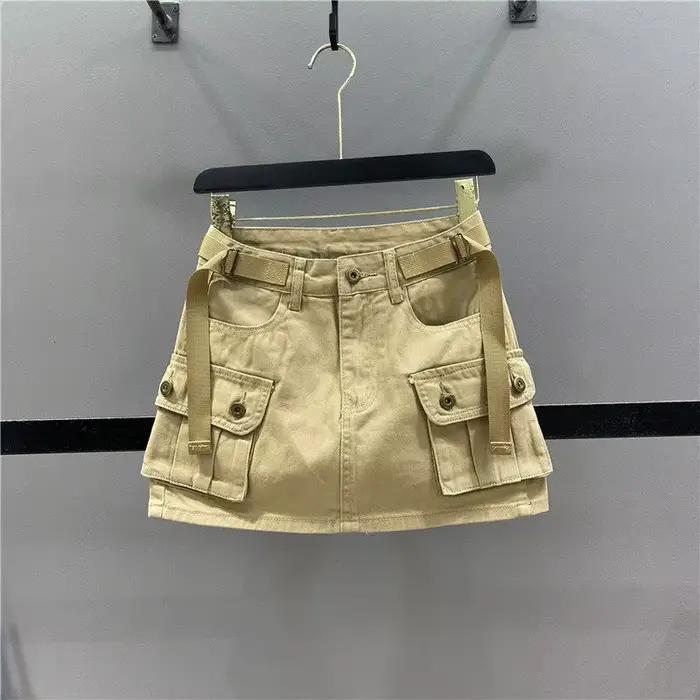 Jupe mini cargo taille haute pour femme, jupe utilitaire en denim de couleur unie avec poches, mode streetwear, jupe mini décontractée pour l'été