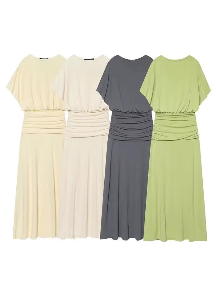 Robe longue plissée à manches courtes pour femme TFMLN, nouvelle mode, taille cintrée, décontractée et élégante, couleur unie