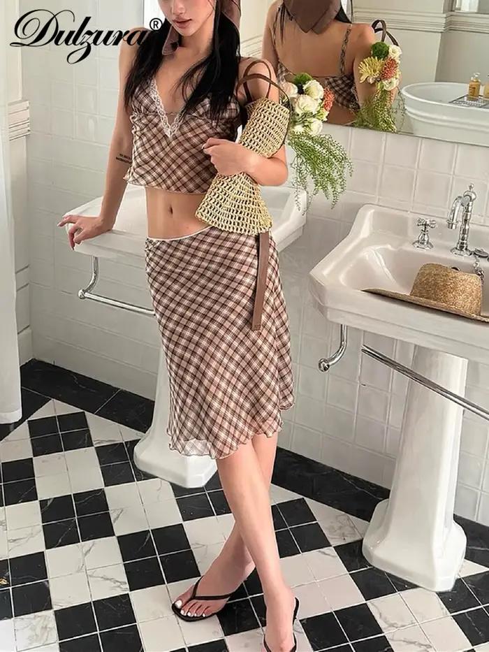 Dulzura femmes taille haute mince Plaid imprimé maille jupe Midi mode Sexy