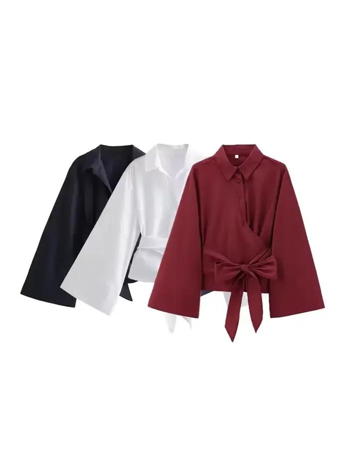 Chemisiers kimono à manches longues pour femmes avec nœud papillon, bouton avant, chemises féminines, hauts chics, à la mode