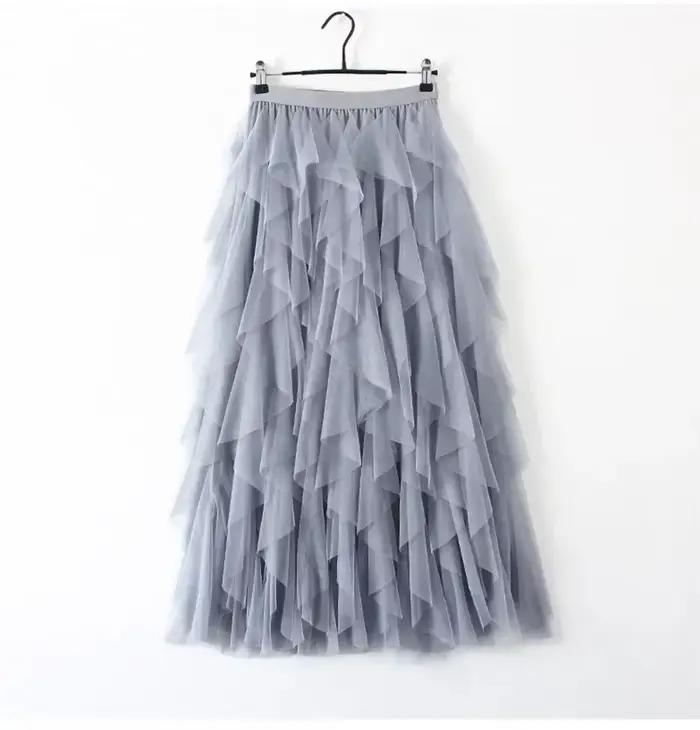 Jupe longue plissée en tulle et gaze à taille haute pour femme