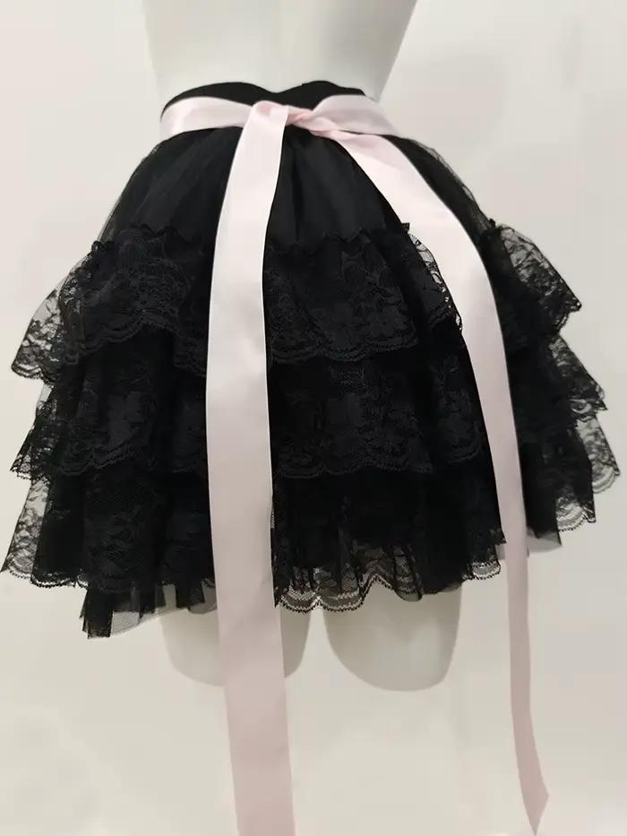 Jupes en dentelle multicouches pour filles douces, rubans d'été, nœuds décoratifs, taille élastique, style Lolita, jupe blanche, vêtements Kawaii