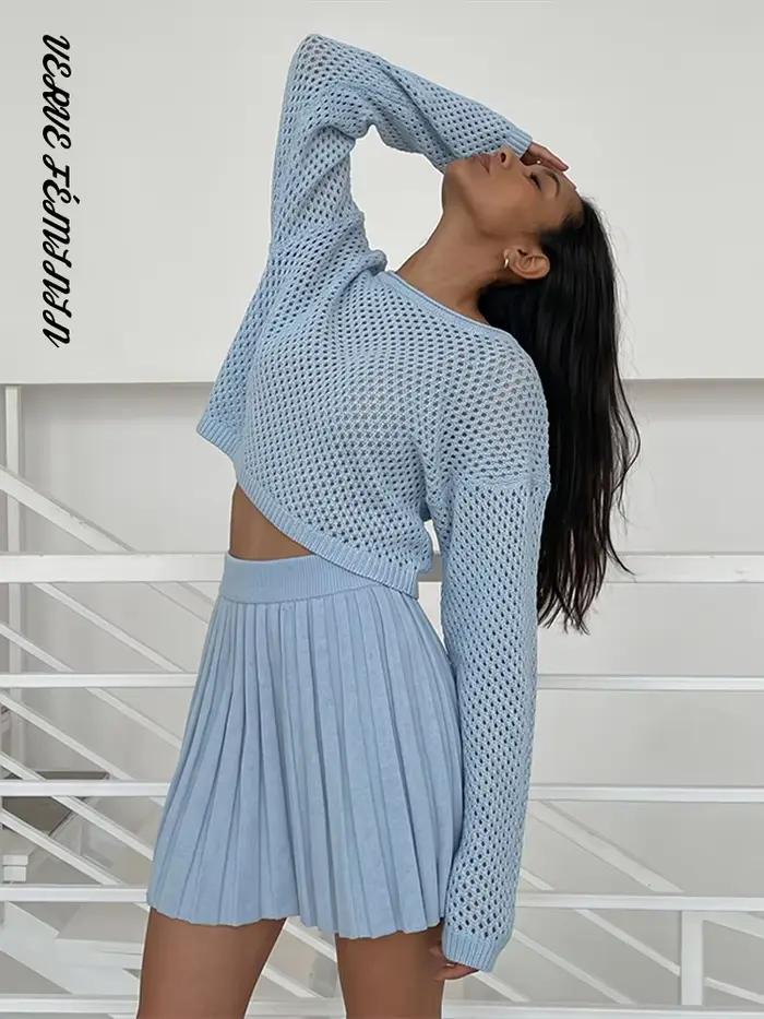 Ensemble haut tricoté ajouré et mini-jupe plissée pour femme, hauts amples à manches longues col rond sexy, jupes à taille élastique, tenues chics pour femmes