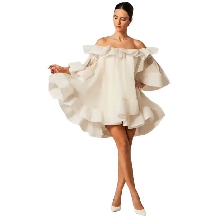 Robe Courte d'Été Élégante pour Femme, Style Féerique, Asymétrique à Une Épaule, avec Bordure en Dentelle et Manches Évasées