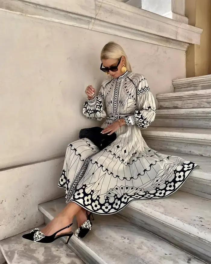 Robe longue élégante rétro à col montant pour femme