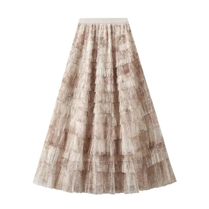 Jupe longue femme 2026 chic taille haute coupe trapèze en maille tie-dye avec patchwork et volants en tulle