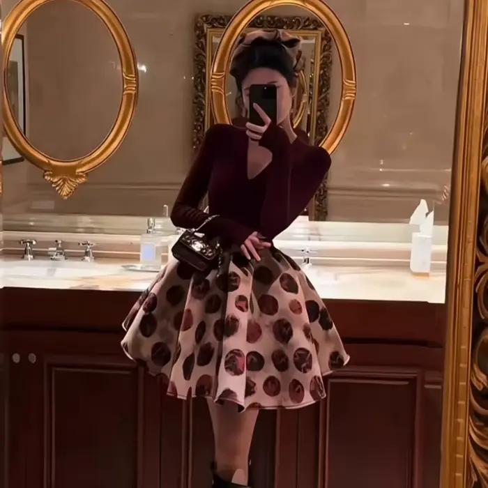 Mini-jupe vintage française à imprimé floral et pois