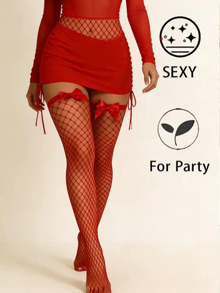 Bas résilles rouges pour femmes avec nœud en satin, bas transparents sexy pour tenues de soirée et de boîte de nuit élégants à offrir pour femme occasions spéciales