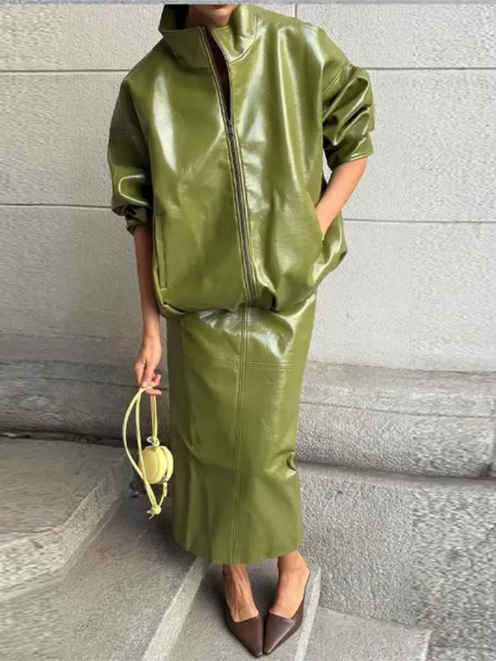 Ensemble de veste en cuir et jupe pour femmes, high street printemps et automne, polyester robuste, fermeture éclair, taille haute, mi-mollet, couleurs variées, confortable et élégant