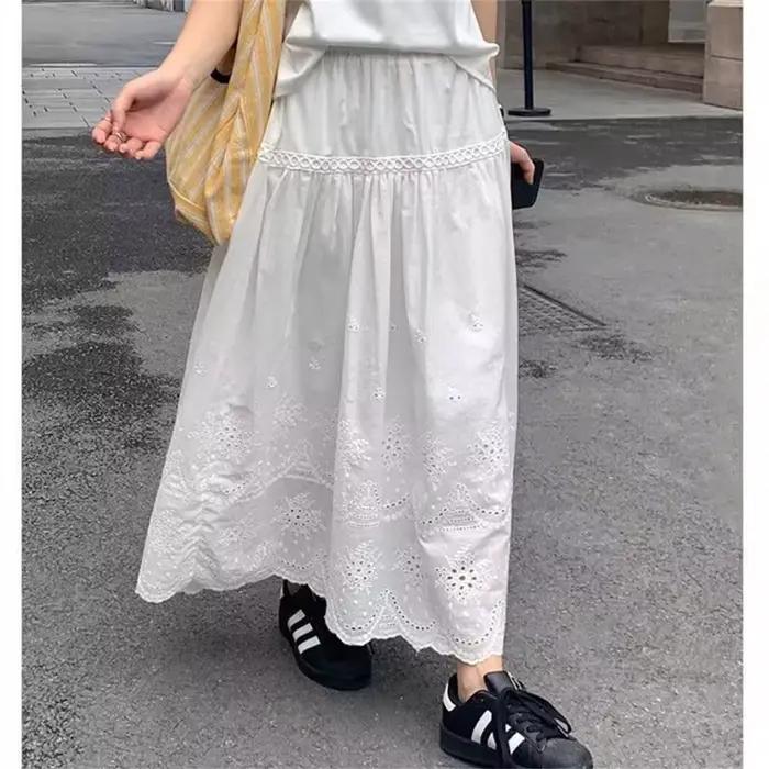 Jupe en coton blanc décontractée pour jeunes filles printemps été 2025 style une ligne ajustement empire longueur mi-mollet a-ligne