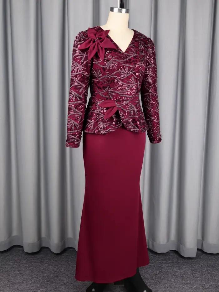 Robe élégante pour femme à sequins col en V manches longues motif floral 3D taille cintrée avec péplum ourlet sirène pour mariages cocktails événements