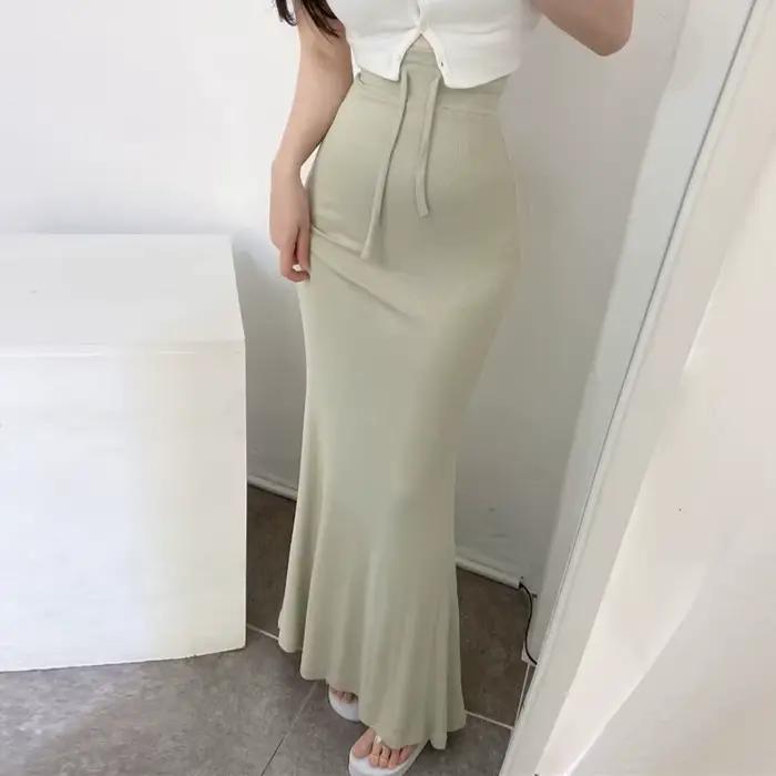 Jupe longue mi-longue élégante et confortable YL571 de couleur unie, taille haute, style coréen, kaki, pour le printemps