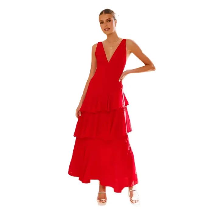 Robe longue à col en V, couleur unie, avec ceinture, style vacances d'été, jupe à volants, en polyester, sans manches, taille mi-haute, fraîche et élégante