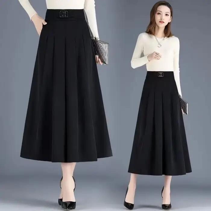 New Skirt Mid-length A-line Pleated Fashionable and Elegant Solid Color Versatile Casual High-waisted Large Hem
