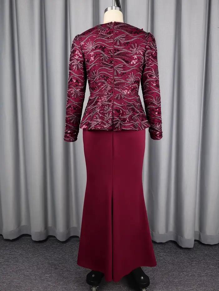 Robe élégante pour femme à sequins col en V manches longues motif floral 3D taille cintrée avec péplum ourlet sirène pour mariages cocktails événements