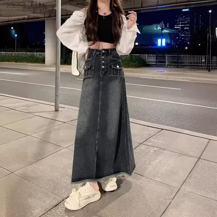 Jupe mi-longue en jean taille haute coupe trapèze pour femme