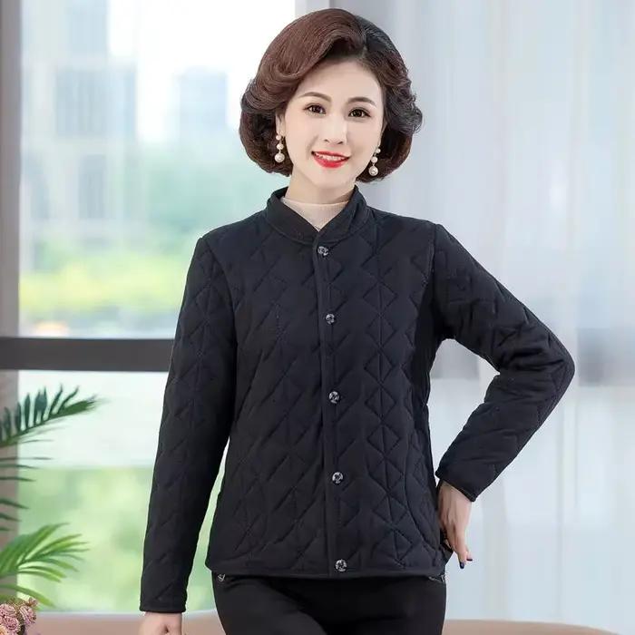 Veste courte en coton à boutonnage simple pour mère d'âge moyen, manteau mince, manches longues, chaud, document monochrome, femme, automne, hiver
