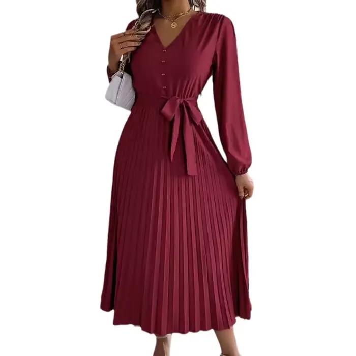 Femmes automne printemps jupe longue robe élégante col en V boutonné à lacets plissé décontracté à manches longues dame