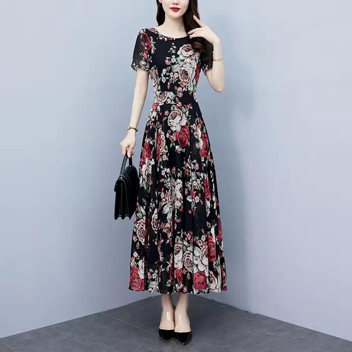Vintage noir Chic bal Midi robes 2025 été nouvelle mode en mousseline de soie robe florale femmes élégant moulante luxe fête longue robe