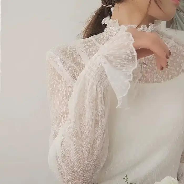 Femmes Sexy à manches longues voir à travers maille T-Shirts Transparent dentelle Blouse hauts