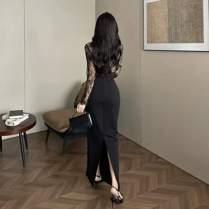 Robe noire en dentelle Patchwork à manches longues pour femmes
